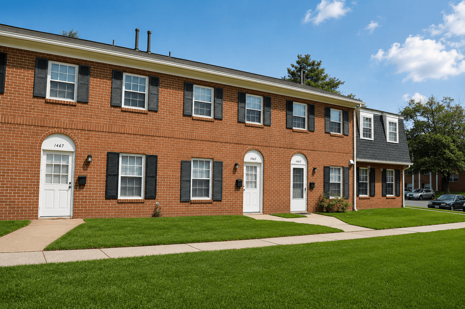 A red brick building with white doors and windows.